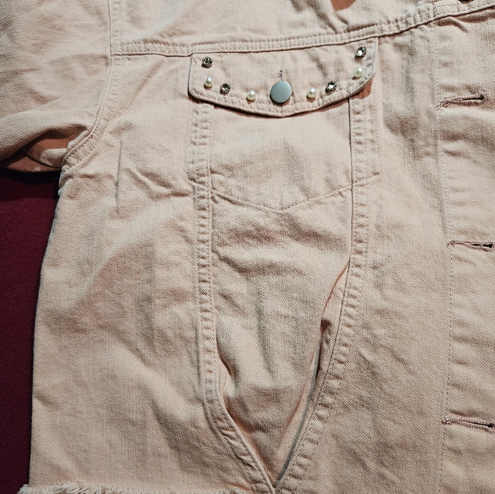 BiBi blush pearl/bling distressed denim jacket. Size small - Picture 5 of 7